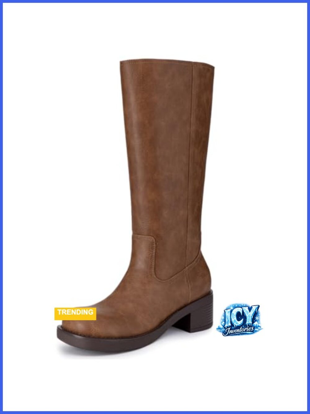Square Toe Knee High Boots Chunky Block Low Heel PU Leather